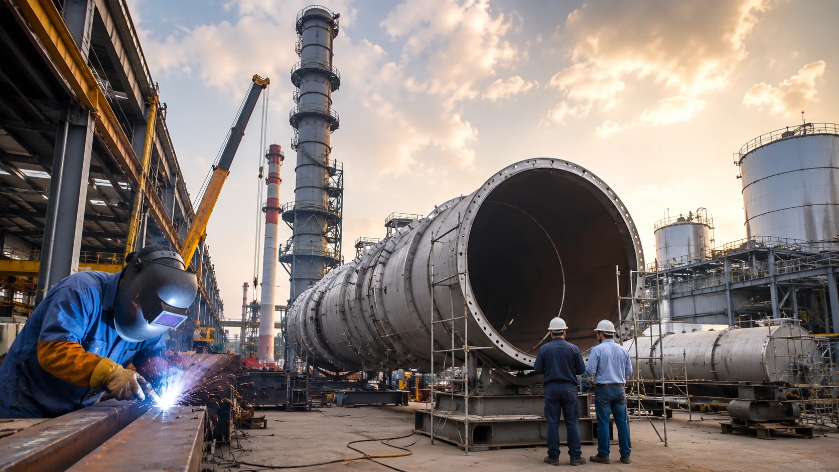Industrial chimney fabrication project in India with steel chimney construction, welding operations, engineers inspecting fabrication work, and industrial manufacturing infrastructure.