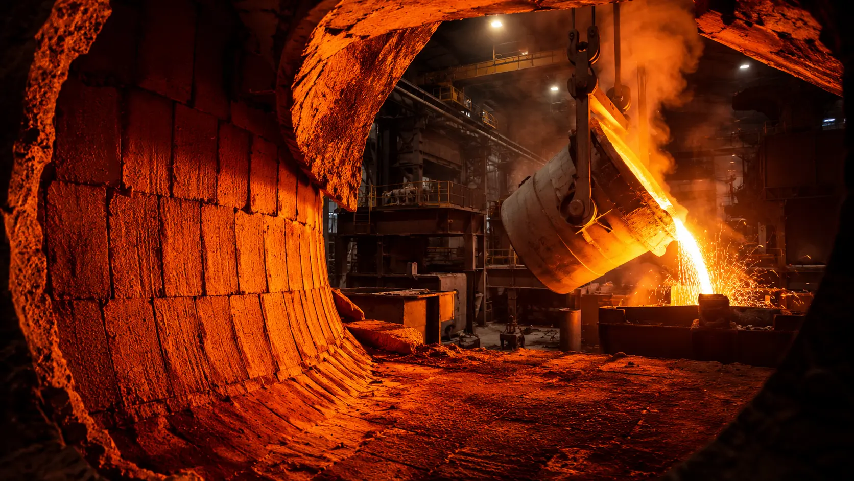 Industrial steel plant furnace with glowing refractory brick lining and molten metal pouring from a ladle