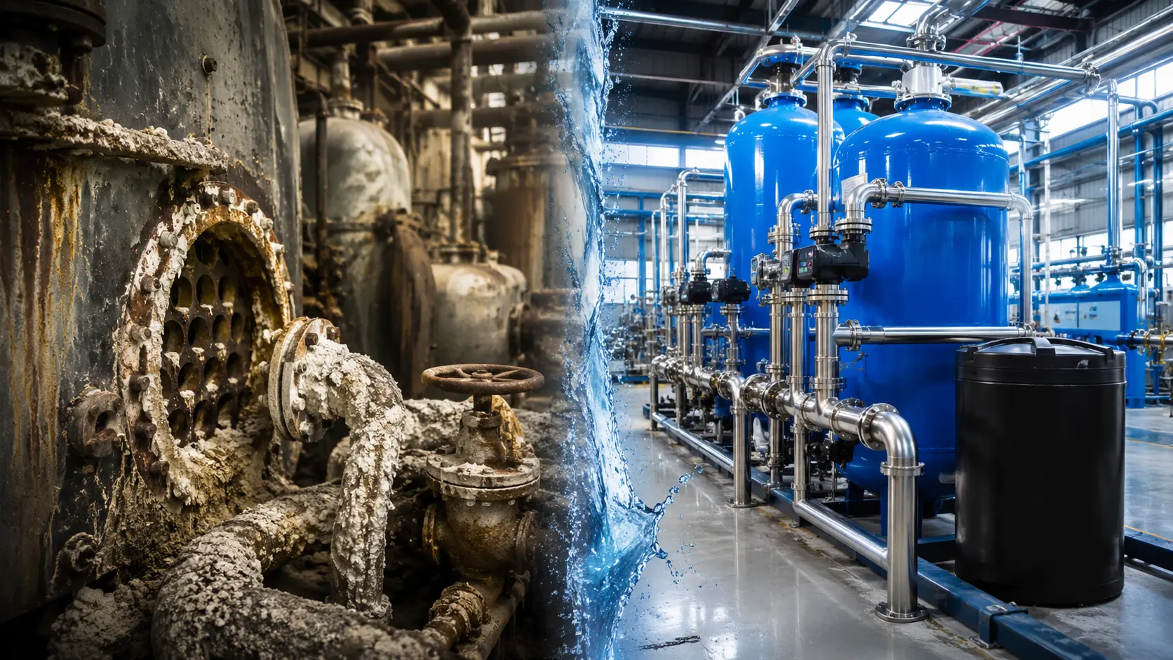 Split comparison showing hard water scale buildup in industrial boiler pipelines and a modern industrial water softener plant supplying soft water for manufacturing applications.