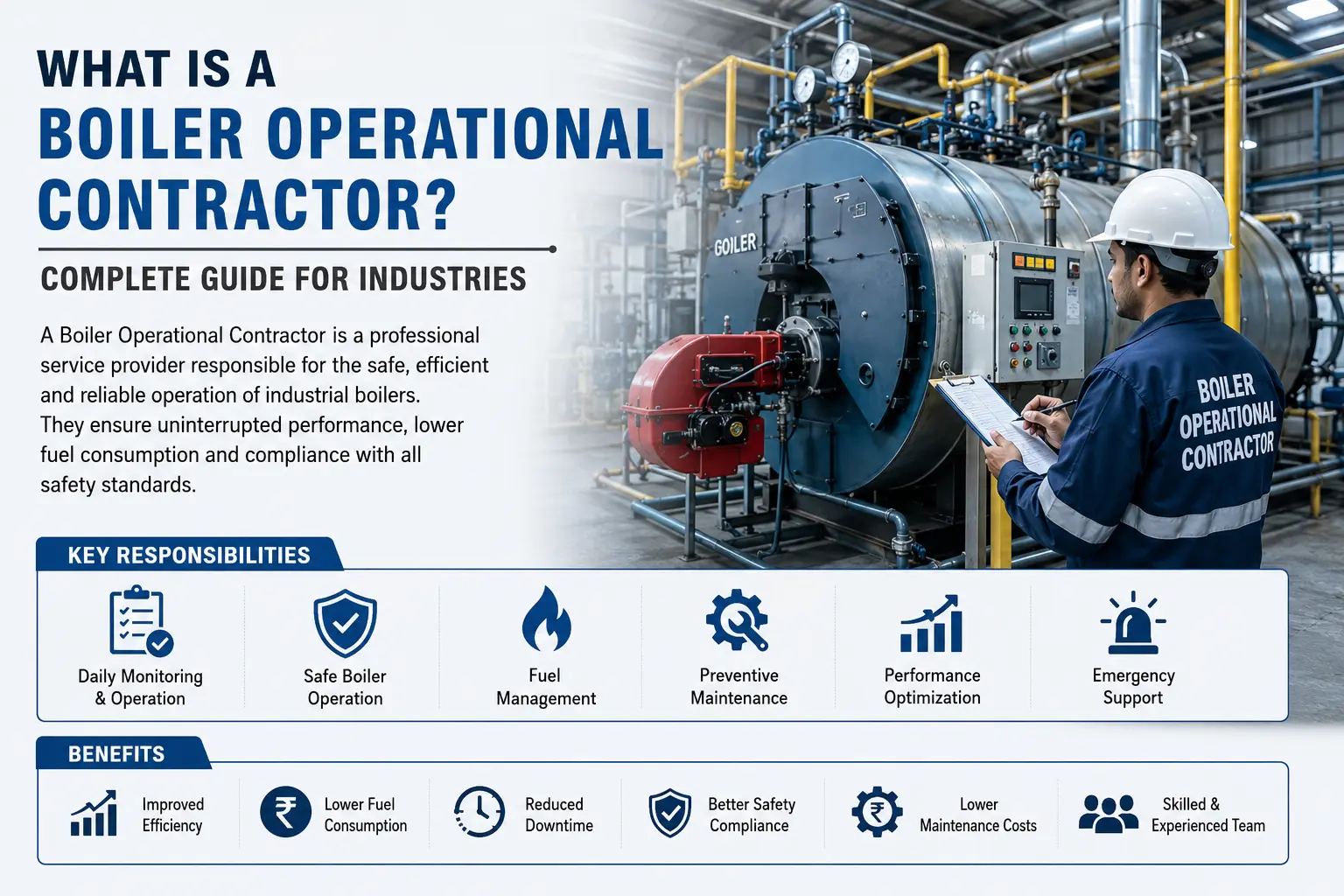 Industrial boiler operational contractor inspecting a steam boiler system in a manufacturing plant, showcasing boiler operation, preventive maintenance, fuel management, and industrial boiler services in India.