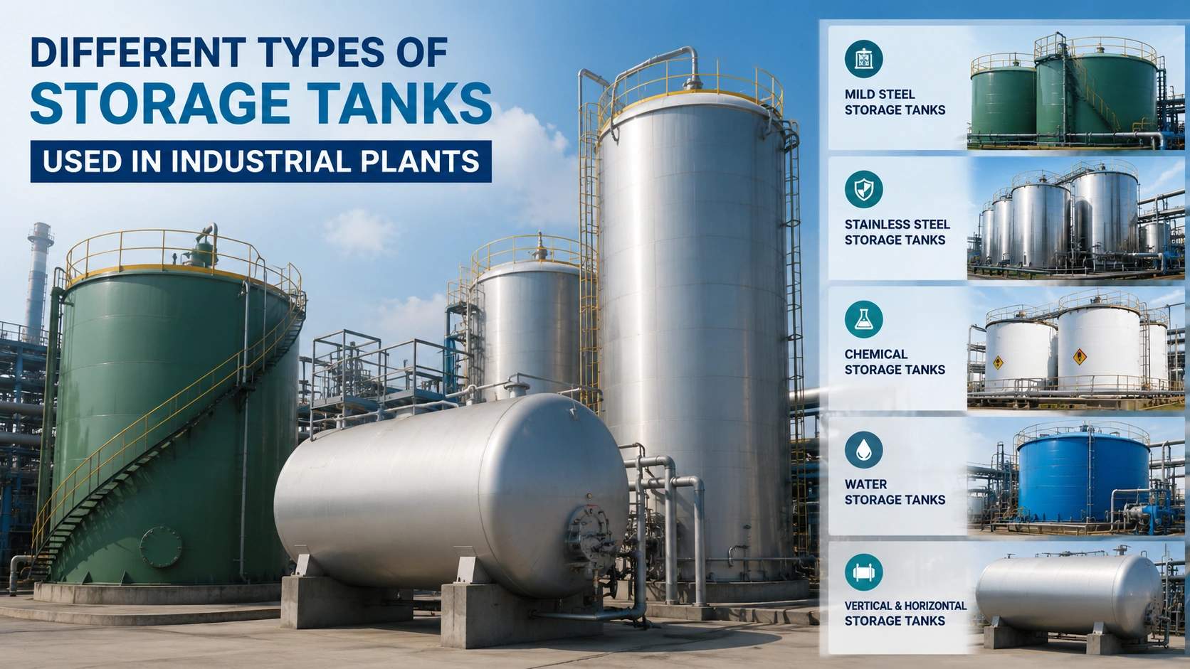 Industrial storage tanks of varying sizes installed at a manufacturing plant