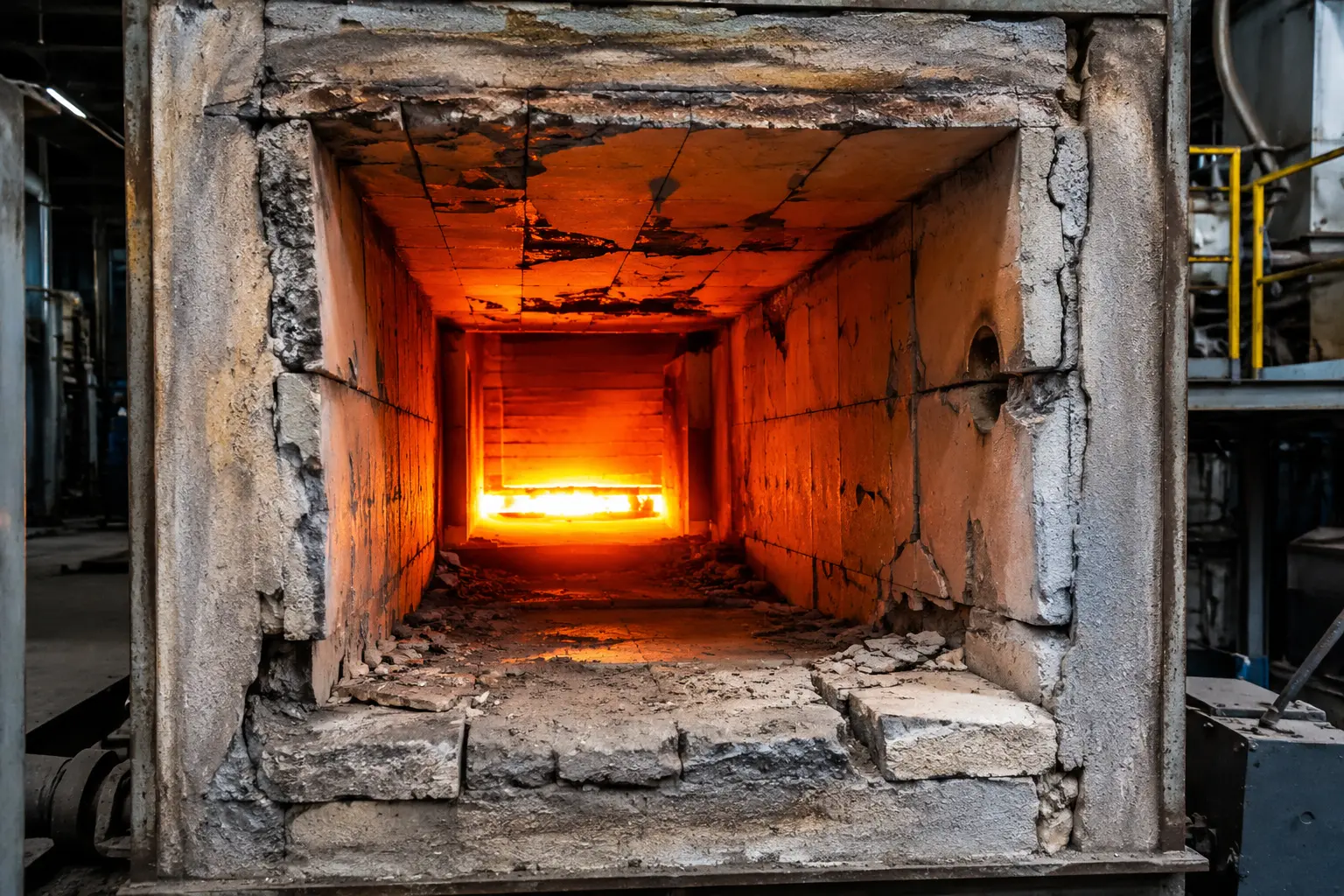 Damaged refractory lining inside an industrial furnace showing cracks, spalling, and wear caused by thermal shock and high-temperature operation.